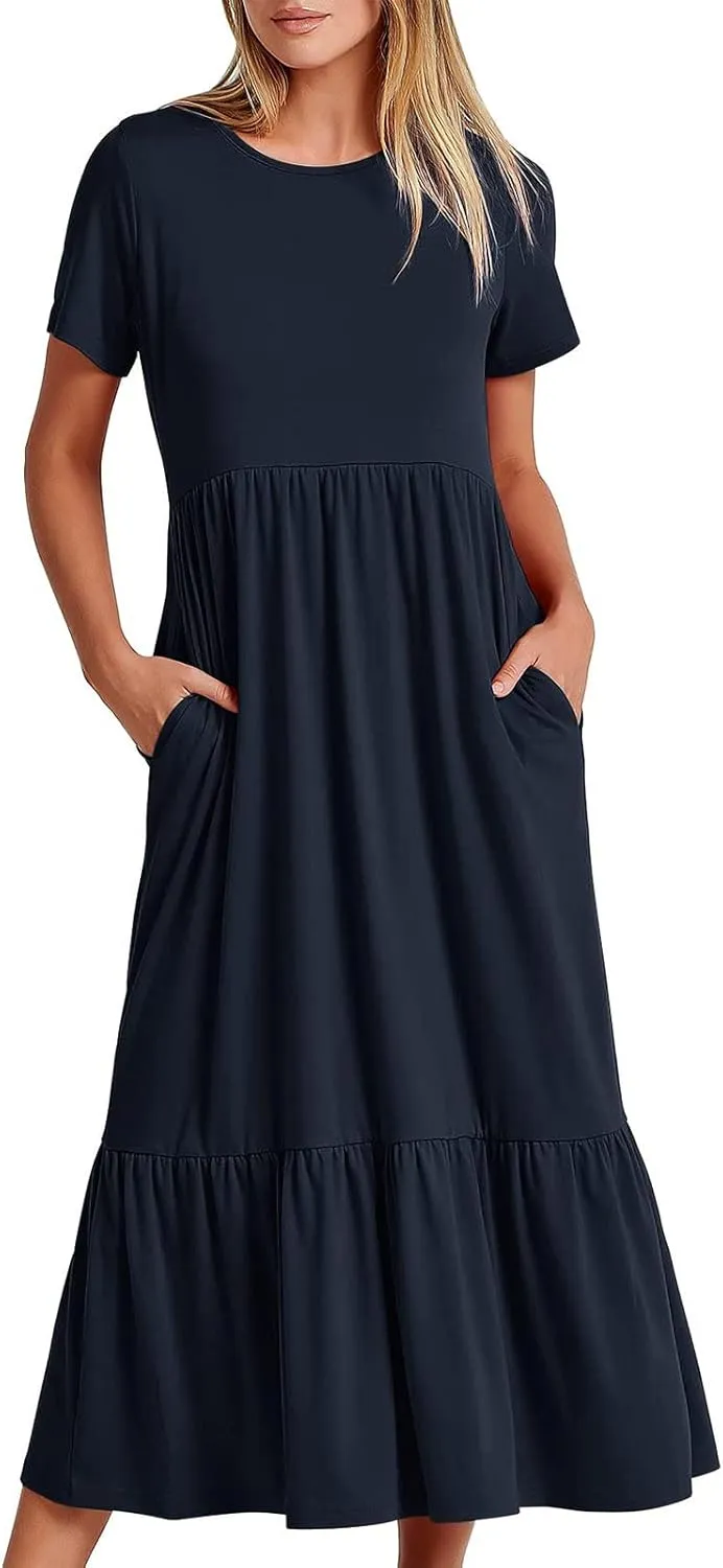 Summer Maxi Dresses for Women 2025 Crew Neck Short Sleeve Dress Casual Sun Dress Summer Beach Vacation Sundress
