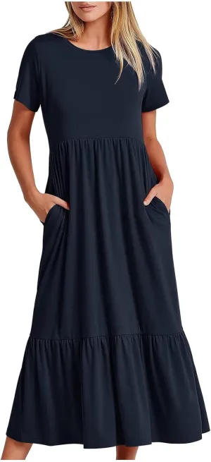 Summer Maxi Dresses for Women 2025 Crew Neck Short Sleeve Dress Casual Sun Dress Summer Beach Vacation Sundress