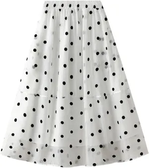 Summer Mesh Midi Skirts for Women Elastic Waist Polka Dot Printed Pleated Skirt Casual Cute Puffy Knee Length Skirts
