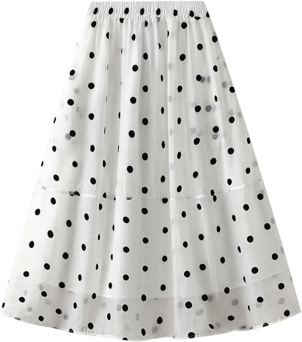 Summer Mesh Midi Skirts for Women Elastic Waist Polka Dot Printed Pleated Skirt Casual Cute Puffy Knee Length Skirts