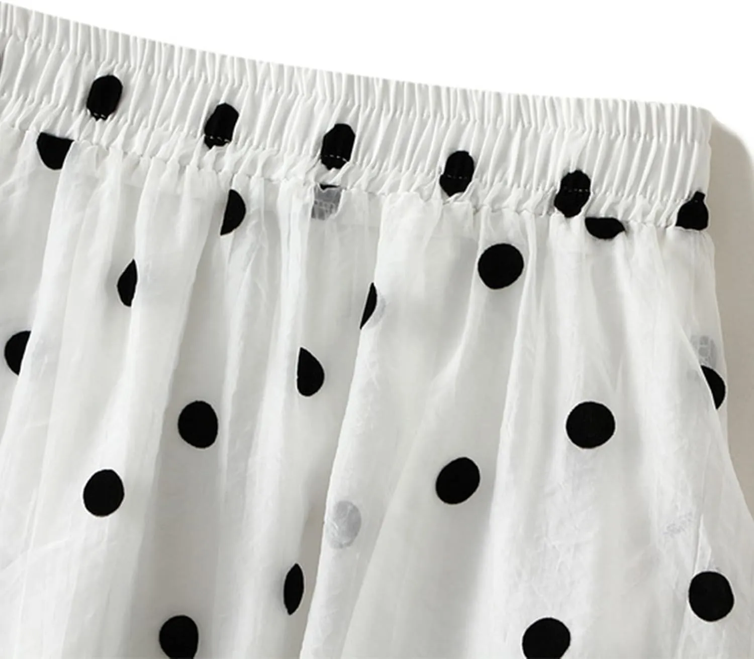 Summer Mesh Midi Skirts for Women Elastic Waist Polka Dot Printed Pleated Skirt Casual Cute Puffy Knee Length Skirts