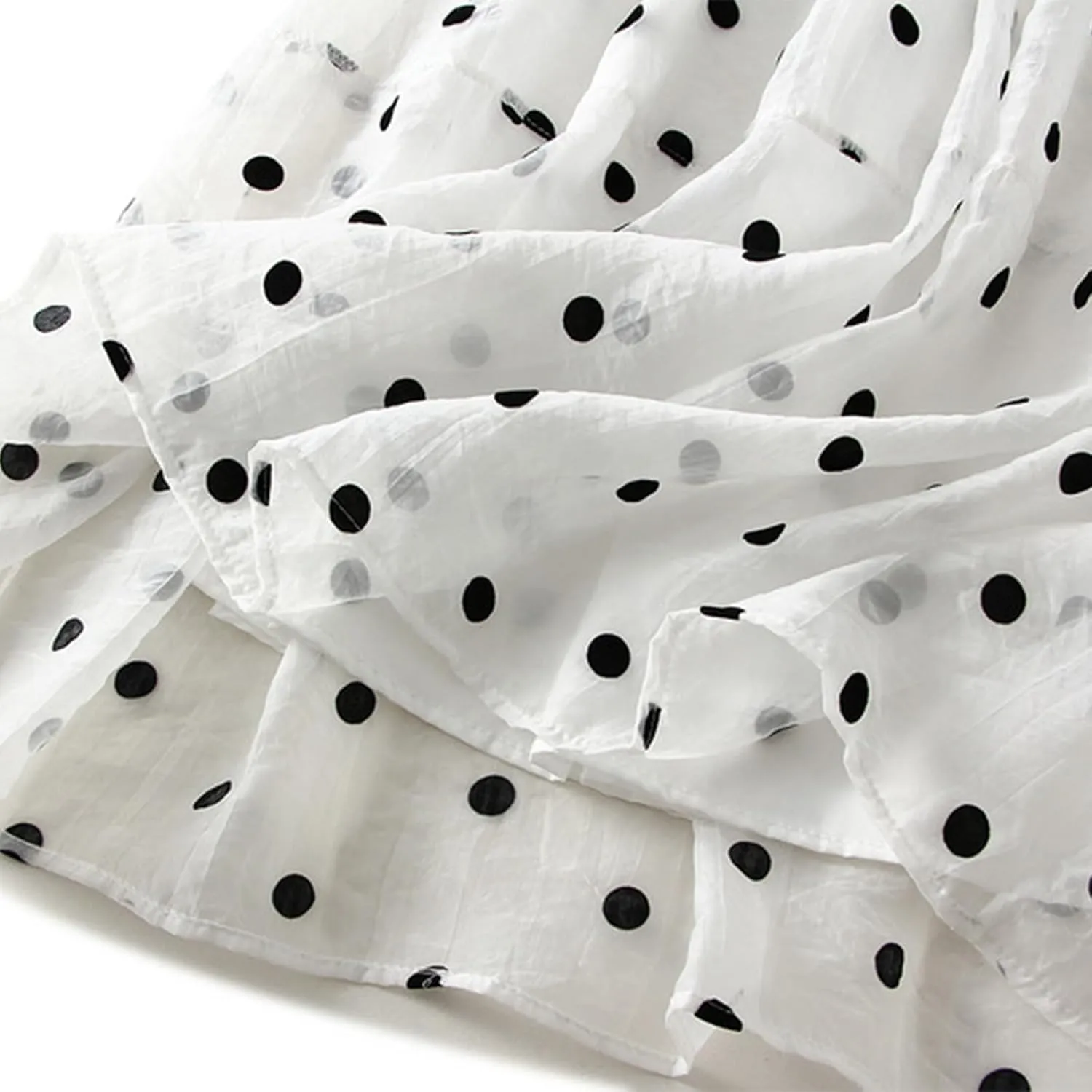 Summer Mesh Midi Skirts for Women Elastic Waist Polka Dot Printed Pleated Skirt Casual Cute Puffy Knee Length Skirts