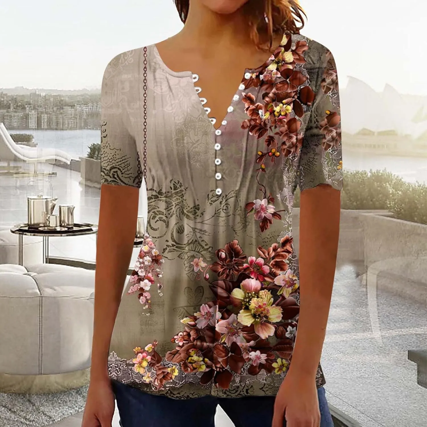 Summer Tops for Women 2025 Short Sleeve Button Down Shirts Casual Dressy Floral Shirt Boho Beach Vacation Blouses