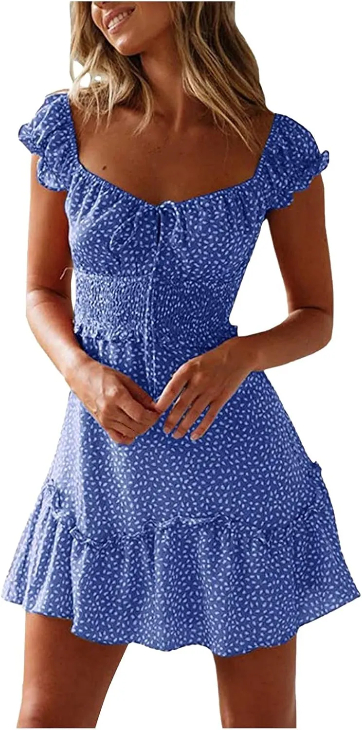 Summer Womens Smocked Dresses Ruffle Floral Tie Front Boho Sundress Sexy Fashion Print Neckline Mini Dress