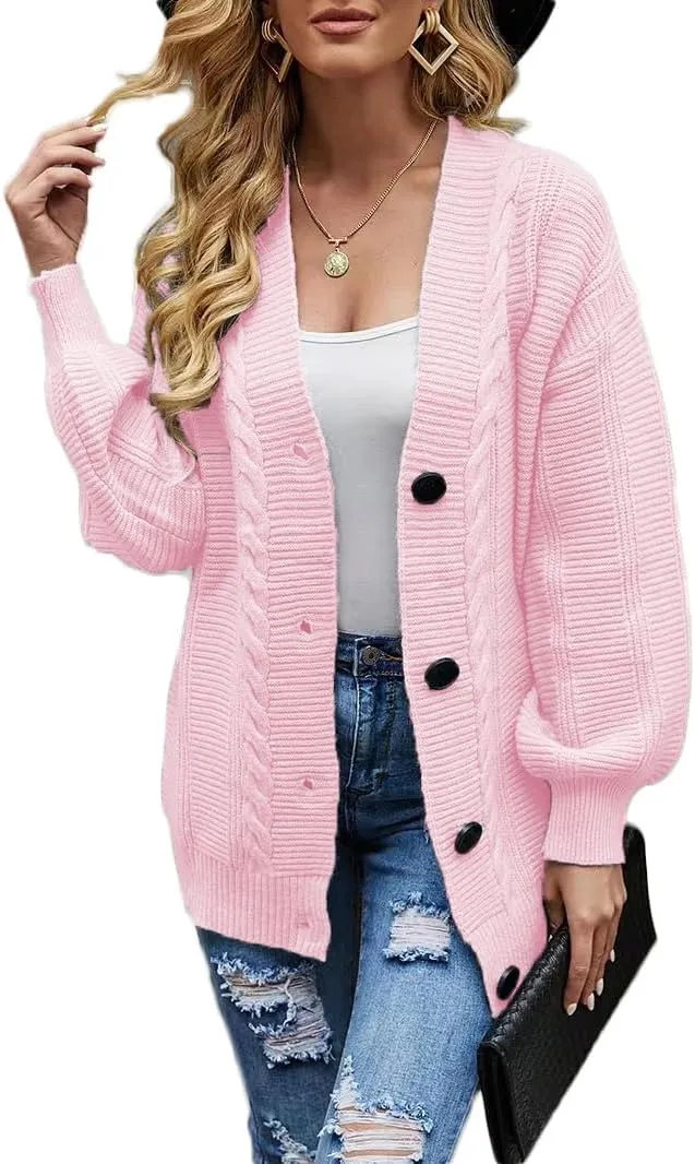 Sunfaynis Women's Oversized Cable Knit Sweaters Long Sleeve Open Front Button Down Chunky Cardigan Sweaters
