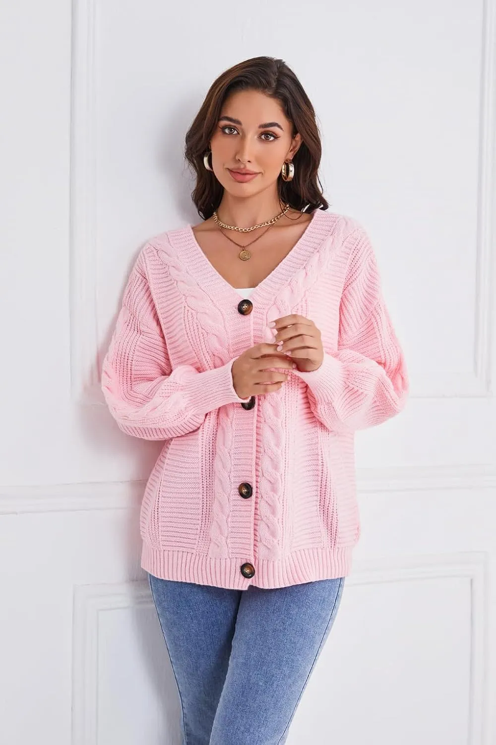 Sunfaynis Women's Oversized Cable Knit Sweaters Long Sleeve Open Front Button Down Chunky Cardigan Sweaters
