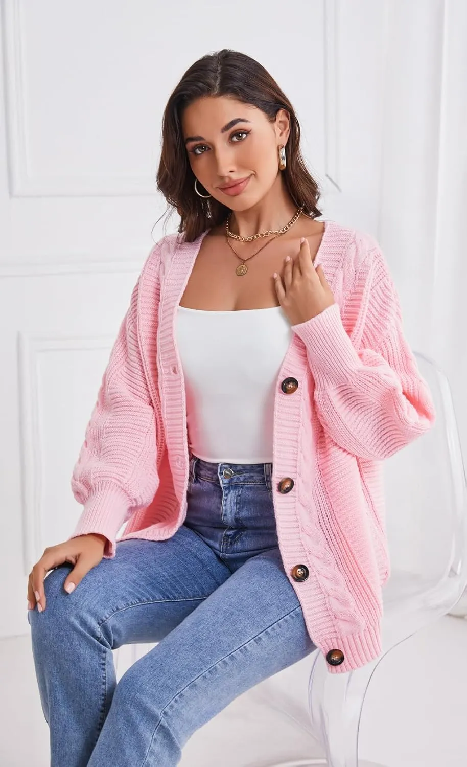 Sunfaynis Women's Oversized Cable Knit Sweaters Long Sleeve Open Front Button Down Chunky Cardigan Sweaters
