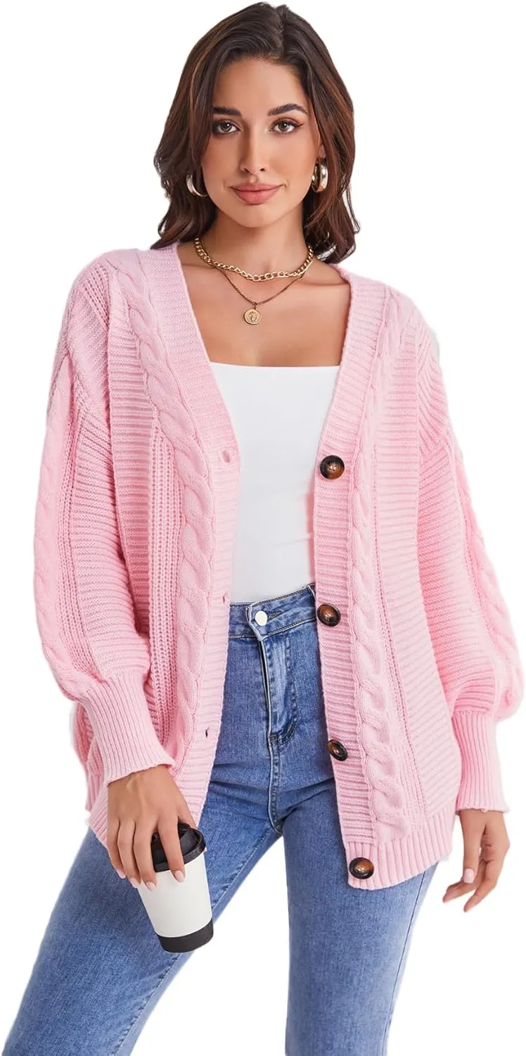 Sunfaynis Women's Oversized Cable Knit Sweaters Long Sleeve Open Front Button Down Chunky Cardigan Sweaters