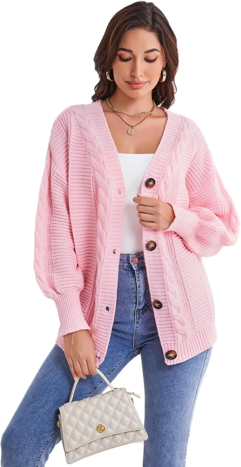 Sunfaynis Women's Oversized Cable Knit Sweaters Long Sleeve Open Front Button Down Chunky Cardigan Sweaters