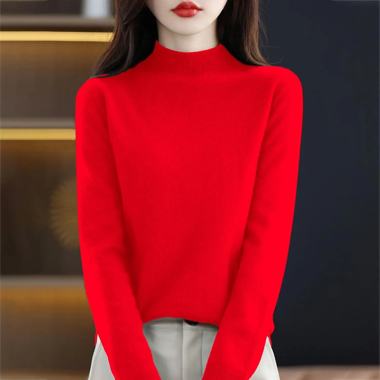 Sweaters for Women Oversized Mock Neck Cashmere Sweater Plain Long Sleeve Fleece Pullover Cozy Wool Cute Knit Sweater