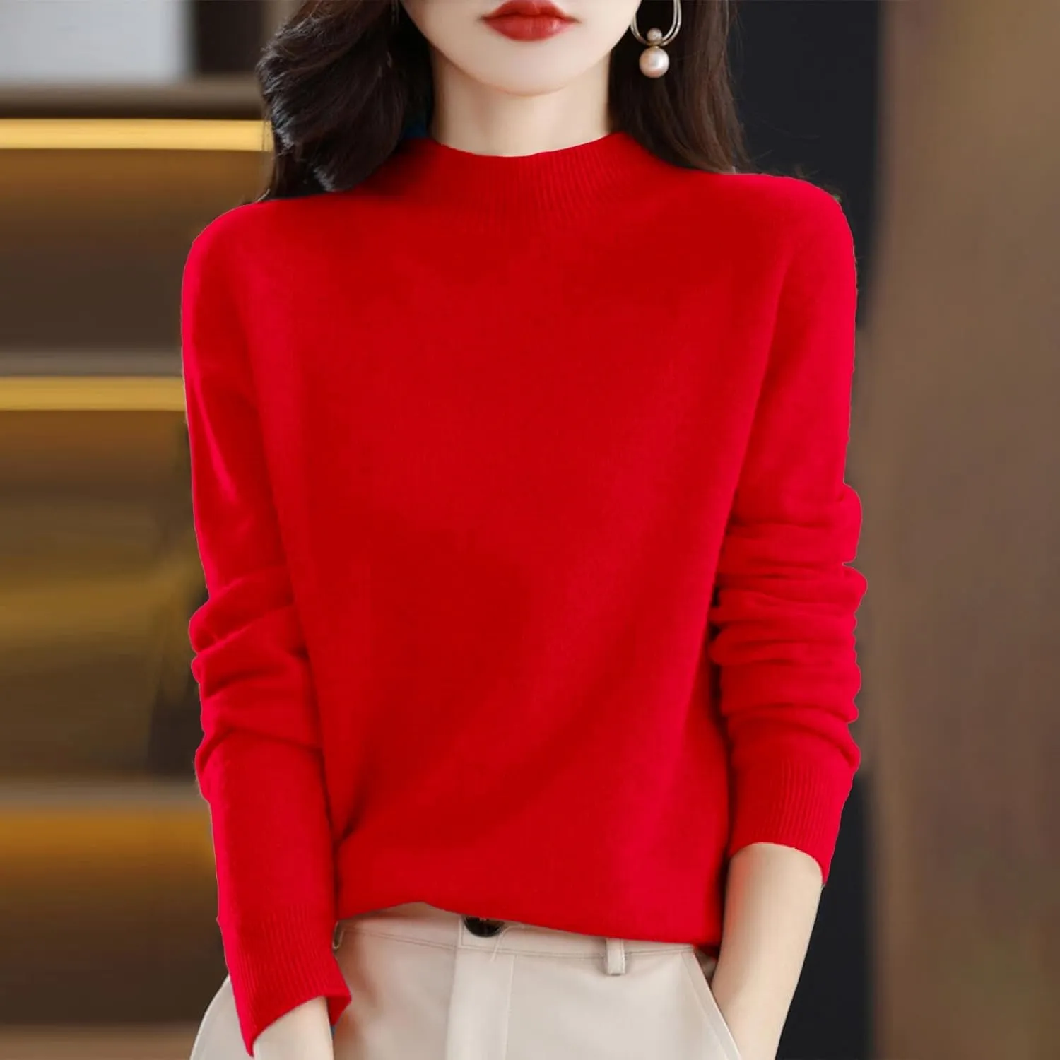 Sweaters for Women Oversized Mock Neck Cashmere Sweater Plain Long Sleeve Fleece Pullover Cozy Wool Cute Knit Sweater