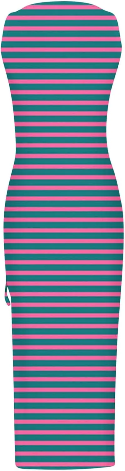 TANGNADE Women Bodycon Maxi Dress Sleeveless Drawstring Ruched Basic Party Club Slim Fit Trendy Casual Tank Dress