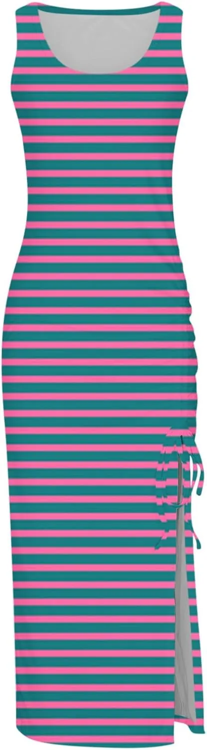 TANGNADE Women Bodycon Maxi Dress Sleeveless Drawstring Ruched Basic Party Club Slim Fit Trendy Casual Tank Dress