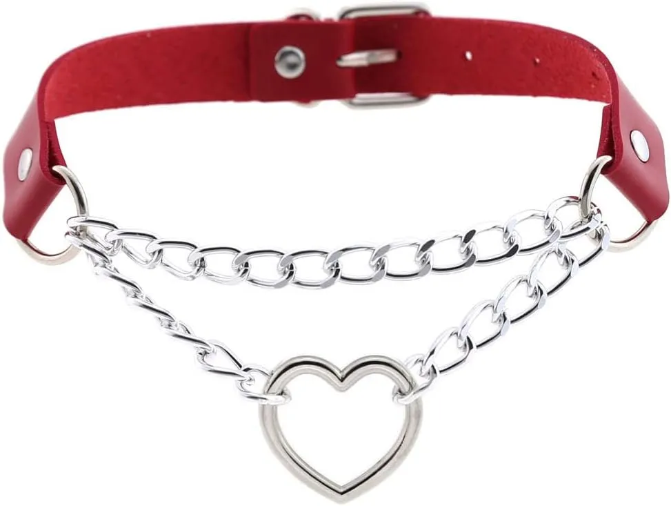 tenghong2021 Heart Shape Necklace Gothic Punk Rock Choker Collars Adjustable Spike Choker PU Leather Collar for Women