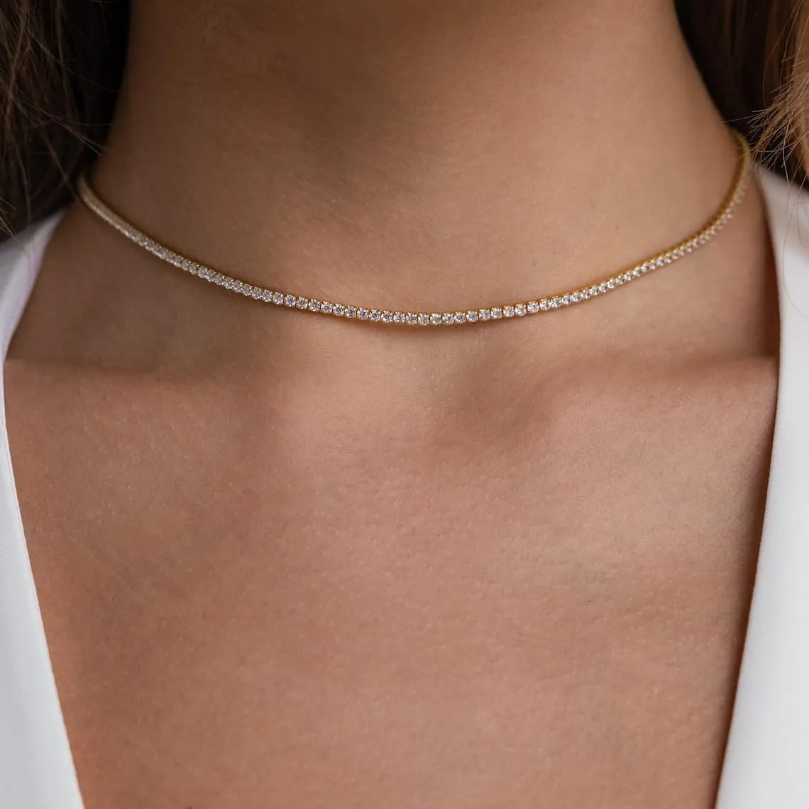 Tennis Necklace for Women 14K Gold/Silver Plated Rhinestone Choker Necklaces Dainty Cubic Zirconia Tennis Necklace Diamond chain Wedding Jewelry for Women