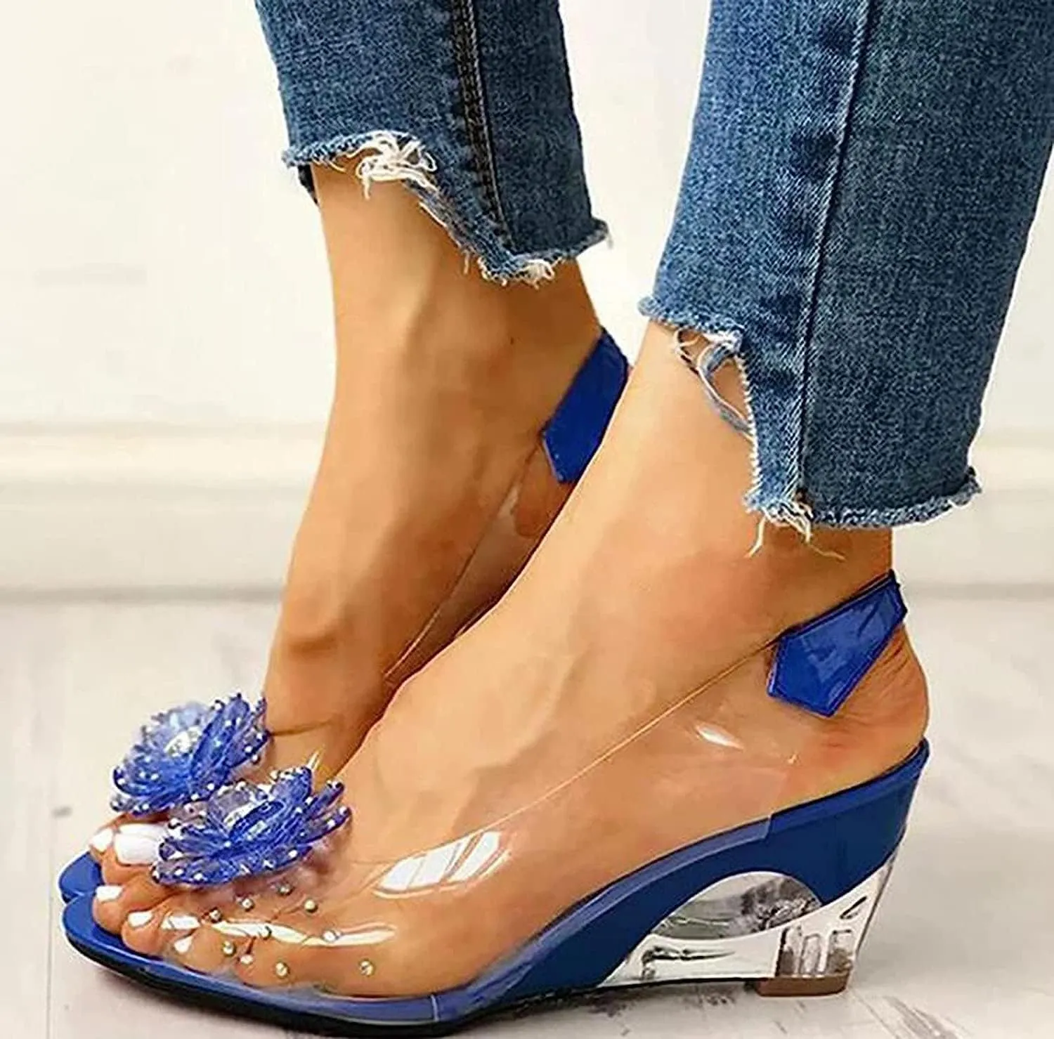 Tophacker Women's Clear Sandals See-Through Rhinestone Wedge Heel Sandals Studded Flower Design Transparent Sandals Lady's Casual Shoes Open Peep Toe Bohemia Dress Shoes