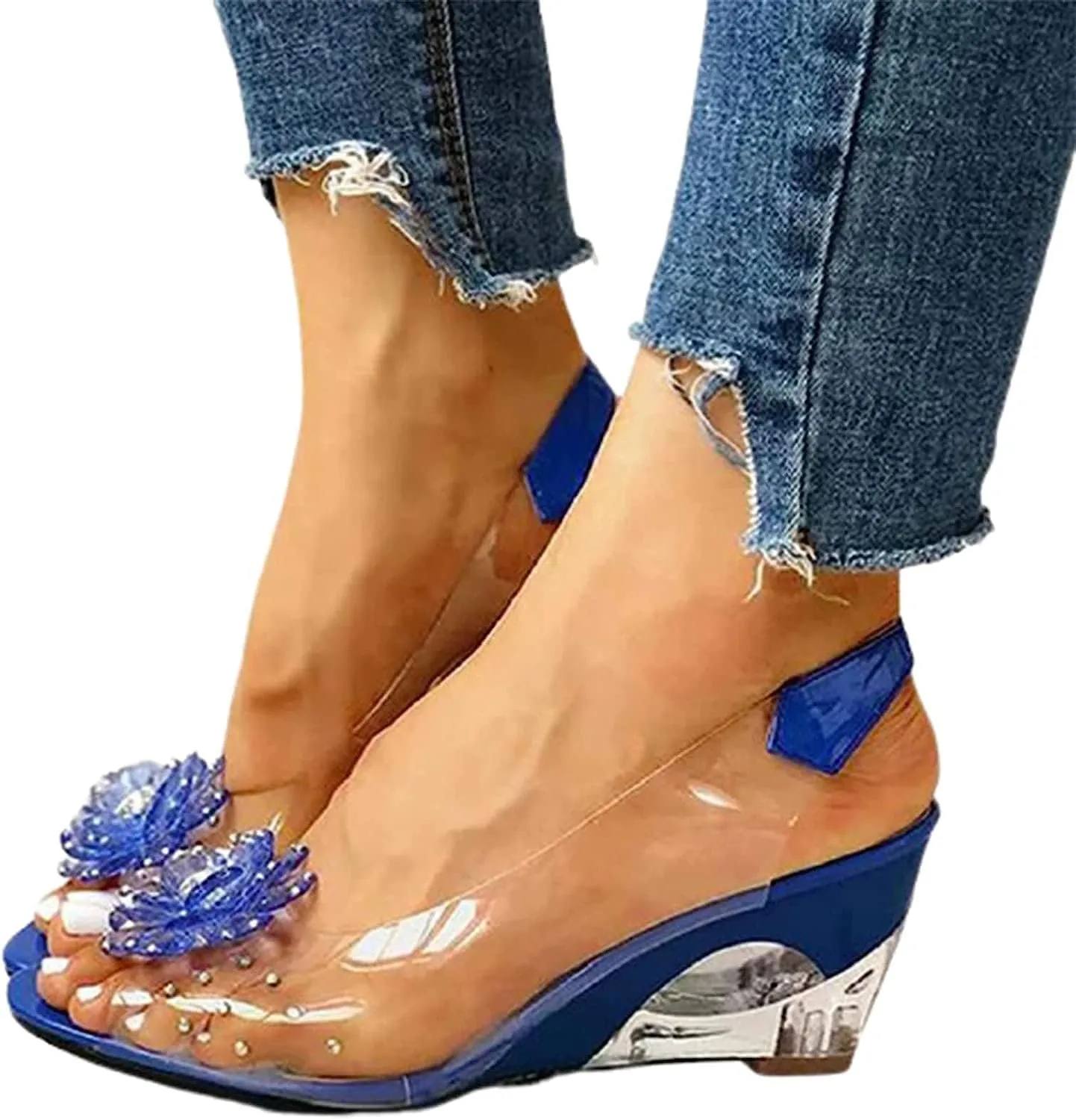 Tophacker Women's Clear Sandals See-Through Rhinestone Wedge Heel Sandals Studded Flower Design Transparent Sandals Lady's Casual Shoes Open Peep Toe Bohemia Dress Shoes