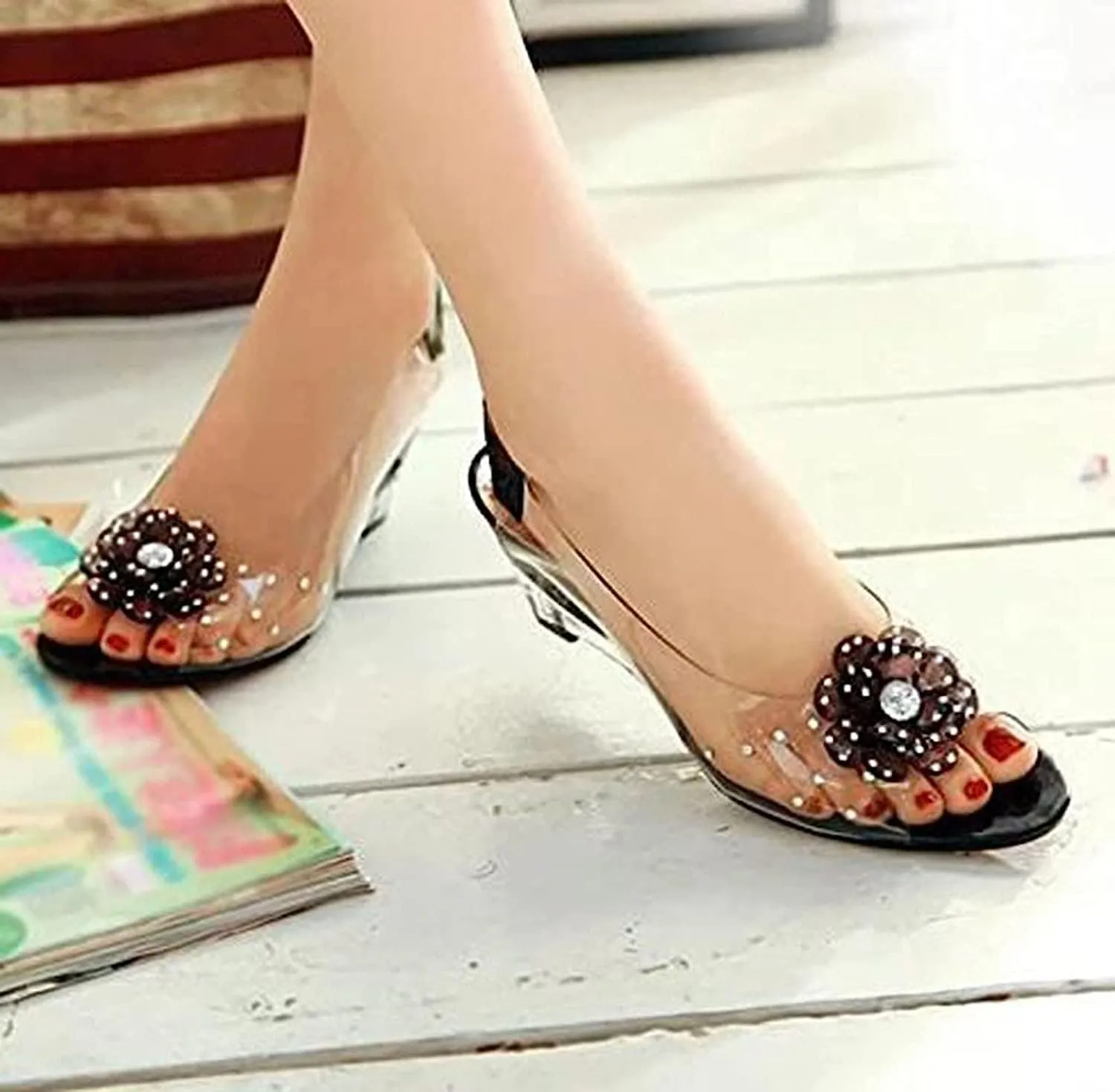 Tophacker Women's Clear Sandals See-Through Rhinestone Wedge Heel Sandals Studded Flower Design Transparent Sandals Lady's Casual Shoes Open Peep Toe Bohemia Dress Shoes