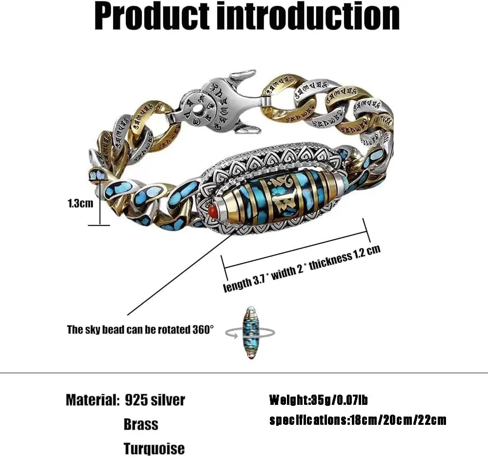 Turquoise Six-Character Mantra Nine-Eyed Dzi Bead Bracelet - Tibetan Style Transfer Rotating Nine Eyes Dzi Beads Meditation Amulet Good Luck Bangle