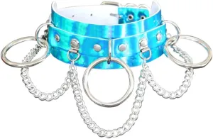 Unique Halloween Sexy Hologram Holographic Leather Chokers,Gothic Ring Pendant Chokers for Club Cosplay