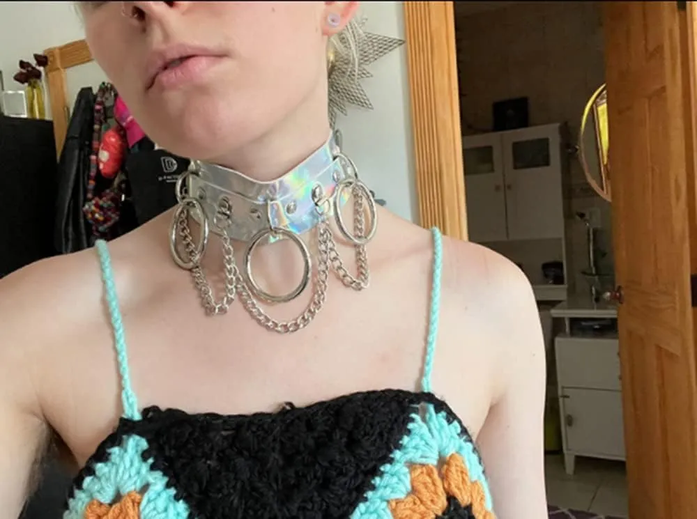 Unique Halloween Sexy Hologram Holographic Leather Chokers,Gothic Ring Pendant Chokers for Club Cosplay