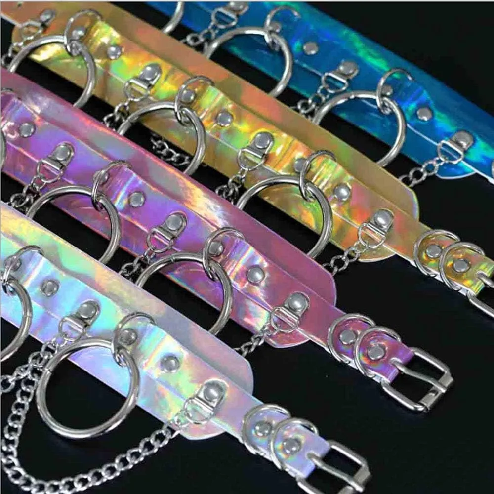 Unique Halloween Sexy Hologram Holographic Leather Chokers,Gothic Ring Pendant Chokers for Club Cosplay