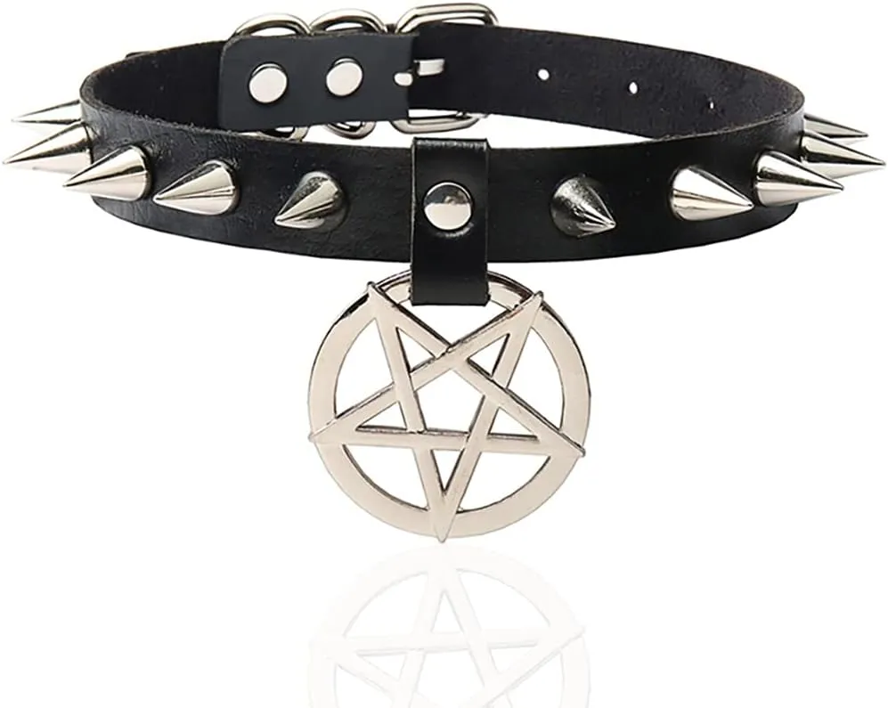 Urieo Gothic Leather Choker Necklace Black Spike Nightclub Jewelry Accessories for Women