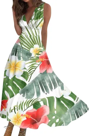Vacation Dresses for Women Deep V Neck Floral Cute Long Dress Swing Casual Maxi Dresses Sleeveless Sexy Elegant Dress