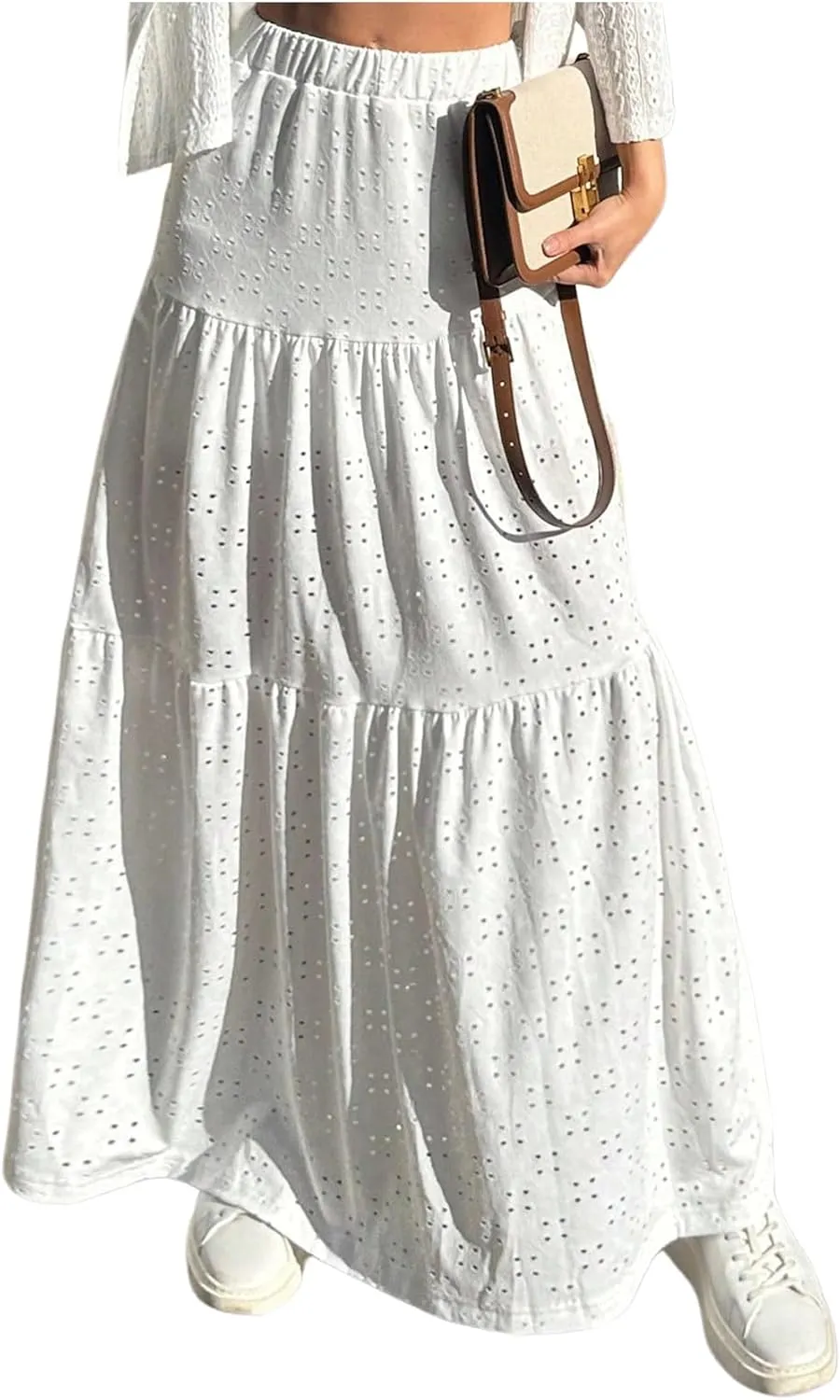 Verdusa Women's Hollow Out Tiered Ruffle Skirts Flowy High Waist A Line Holiday Maxi Skirt