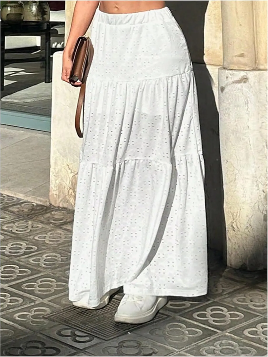 Verdusa Women's Hollow Out Tiered Ruffle Skirts Flowy High Waist A Line Holiday Maxi Skirt