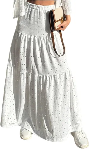 Verdusa Women's Hollow Out Tiered Ruffle Skirts Flowy High Waist A Line Holiday Maxi Skirt