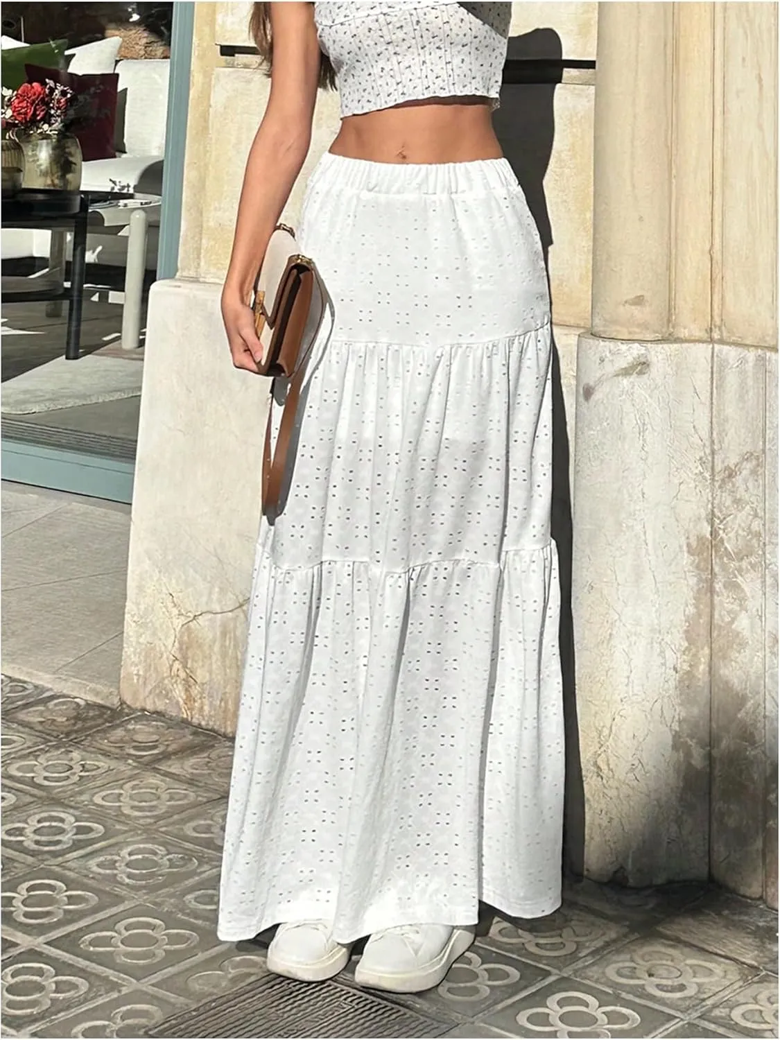Verdusa Women's Hollow Out Tiered Ruffle Skirts Flowy High Waist A Line Holiday Maxi Skirt