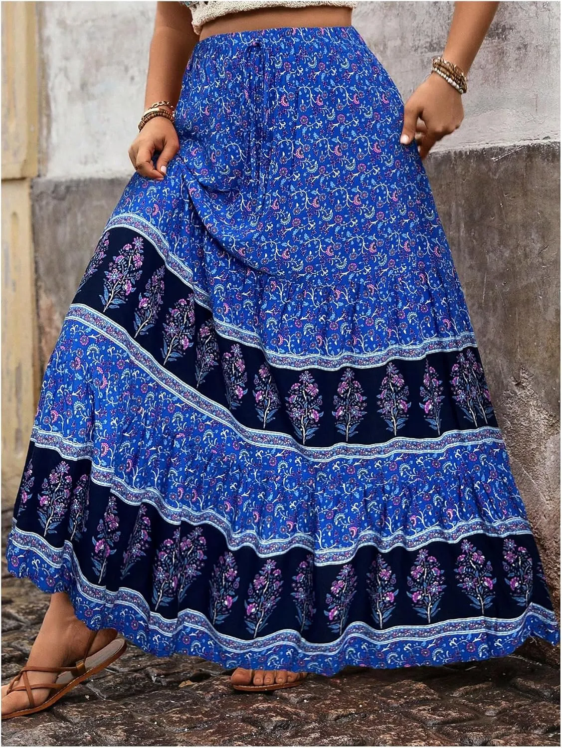 Verdusa Women's Plus Size Boho Flowy Ruffle Skirts Floral Print Tiered Summer Maxi Skirt