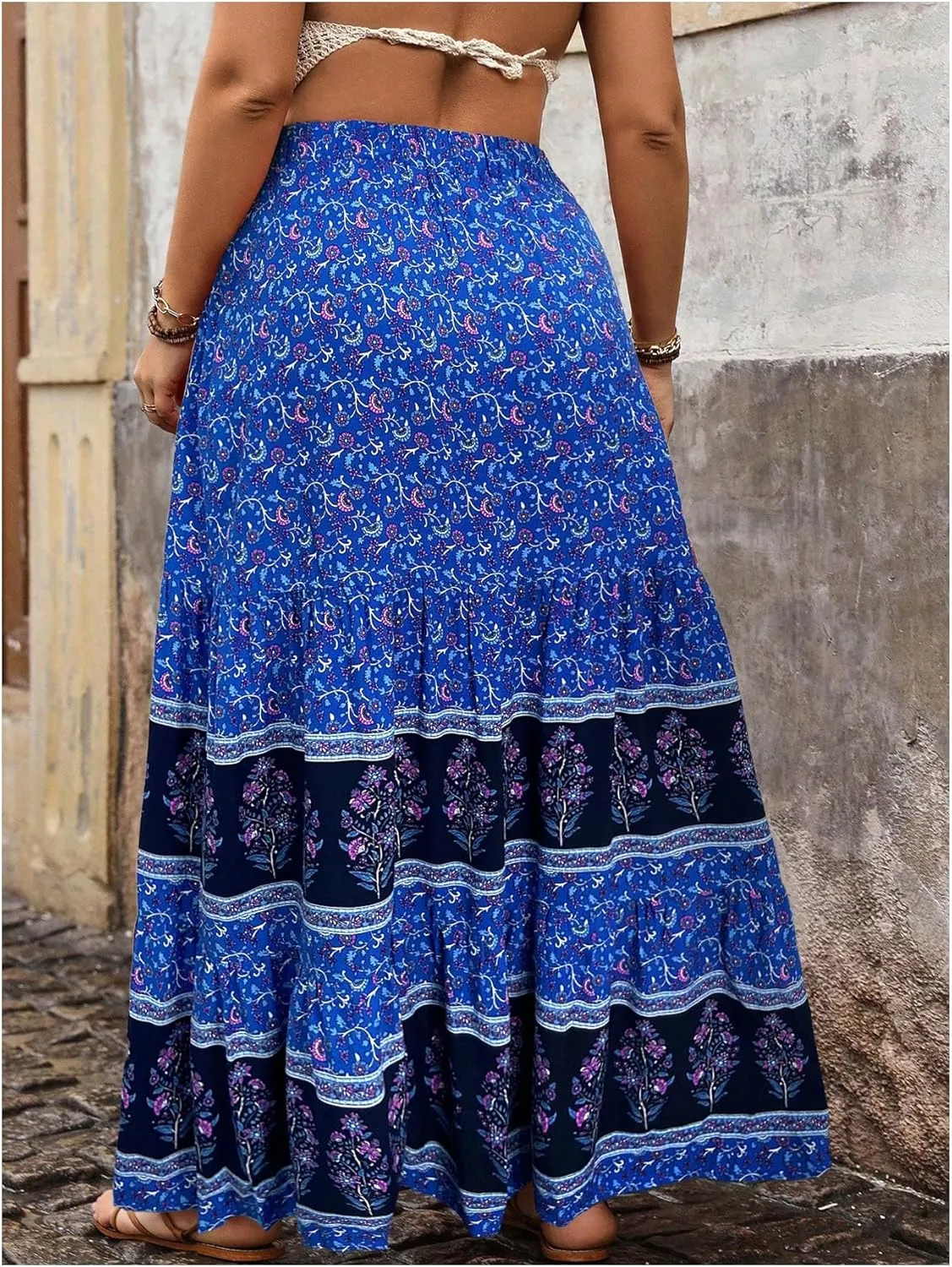 Verdusa Women's Plus Size Boho Flowy Ruffle Skirts Floral Print Tiered Summer Maxi Skirt