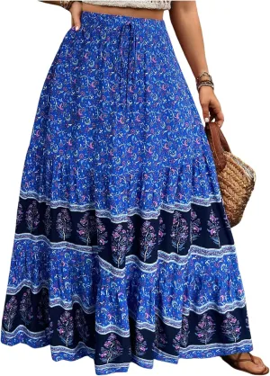 Verdusa Women's Plus Size Boho Flowy Ruffle Skirts Floral Print Tiered Summer Maxi Skirt