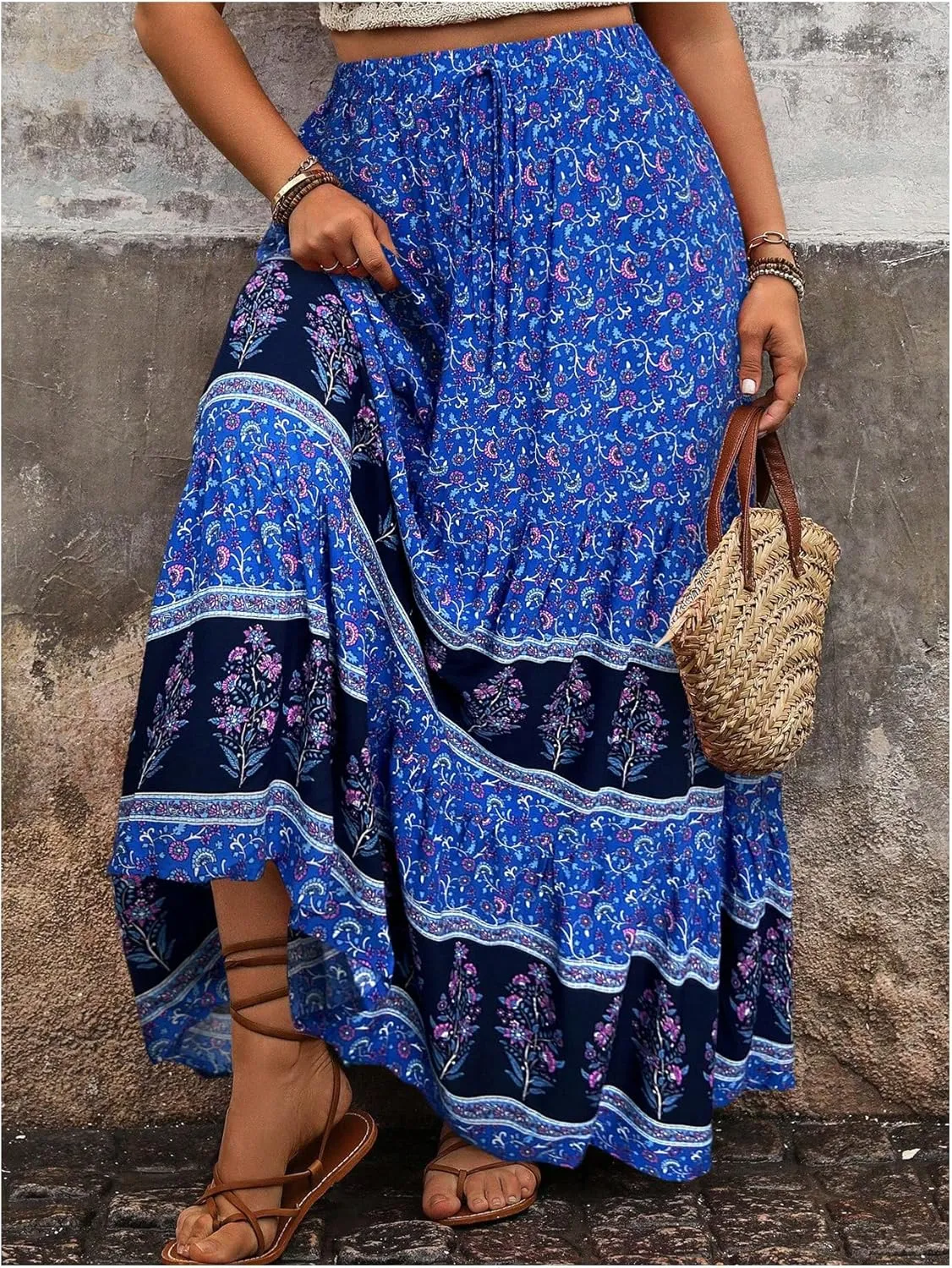 Verdusa Women's Plus Size Boho Flowy Ruffle Skirts Floral Print Tiered Summer Maxi Skirt