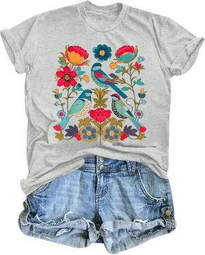 Vintage Flower Shirt for Women Boho Floral Wildflower Cute Graphic Tees Bird Cottagecore Print T Shirts Casual Tops