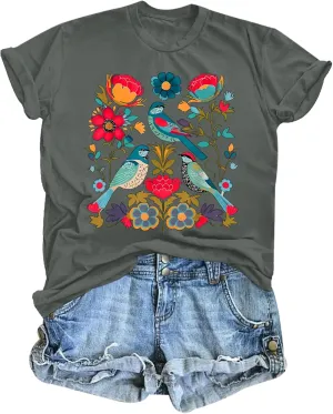 Vintage Flower Shirt for Women Boho Floral Wildflower Cute Graphic Tees Bird Cottagecore Print T Shirts Casual Tops