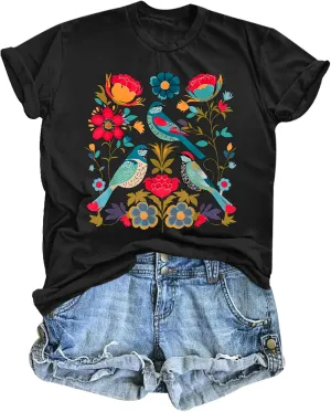 Vintage Flower Shirt for Women Boho Floral Wildflower Cute Graphic Tees Bird Cottagecore Print T Shirts Casual Tops