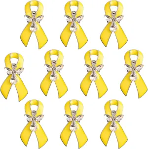 WANDIC 10pcs Yellow Ribbon Pins, Angel Designed Metal Brooches with Yellow Diamonds for Bladder, Childhood, Bone Cancer Awareness