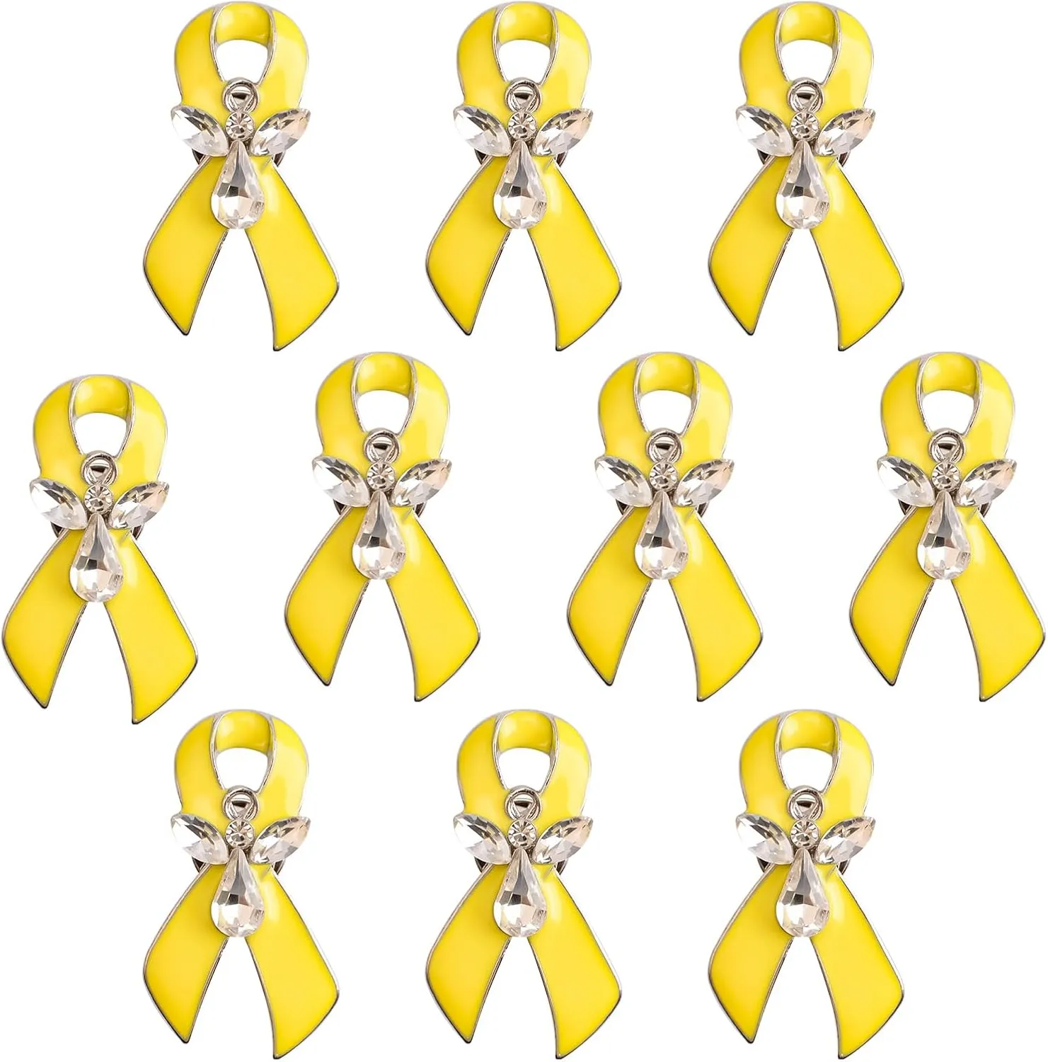 WANDIC 10pcs Yellow Ribbon Pins, Angel Designed Metal Brooches with Yellow Diamonds for Bladder, Childhood, Bone Cancer Awareness