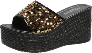 WENOREG Women's Sequined Slip-On Platform Wedge Sandals,Summer Fashion Fish Mouth Open Toe Dress Beach Shoes Indoor Outdoor Comfortable Slipper Platform Sandals