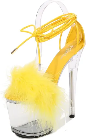 WOilERQ Women's Crystal Clear Platform Heeled Sandals Fluffy Heels Stiletto high Heels Lace up Cross Straps Open Toe Dress Shoes for Prom Dressing Party Stripper 20cm/7.8inch
