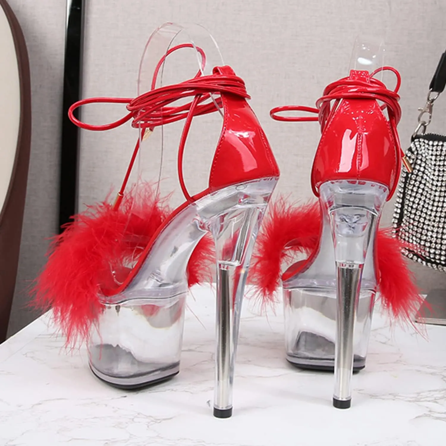 WOilERQ Women's Crystal Clear Platform Heeled Sandals Fluffy Heels Stiletto high Heels Lace up Cross Straps Open Toe Dress Shoes for Prom Dressing Party Stripper 20cm/7.8inch