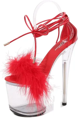 WOilERQ Women's Crystal Clear Platform Heeled Sandals Fluffy Heels Stiletto high Heels Lace up Cross Straps Open Toe Dress Shoes for Prom Dressing Party Stripper 20cm/7.8inch