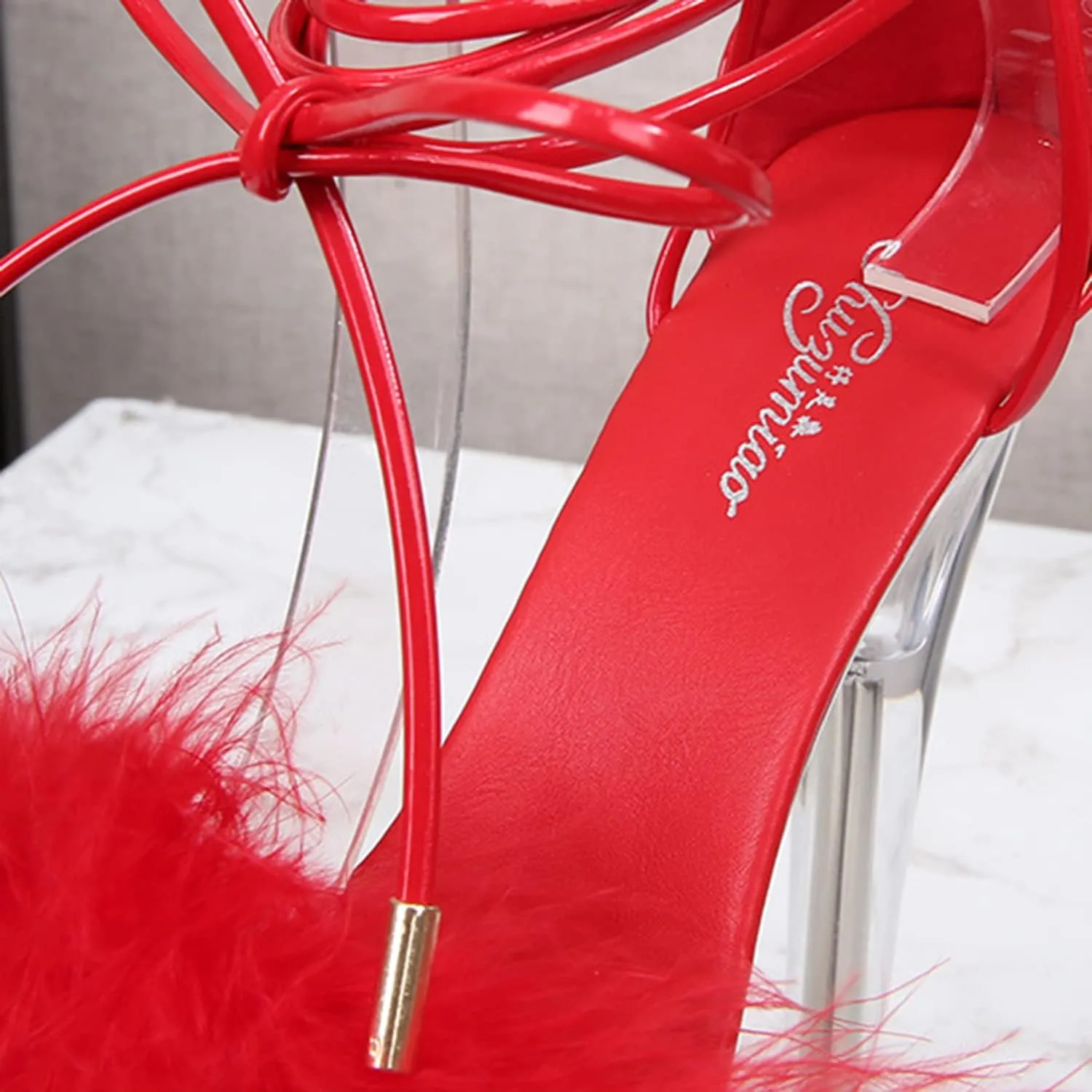 WOilERQ Women's Crystal Clear Platform Heeled Sandals Fluffy Heels Stiletto high Heels Lace up Cross Straps Open Toe Dress Shoes for Prom Dressing Party Stripper 20cm/7.8inch