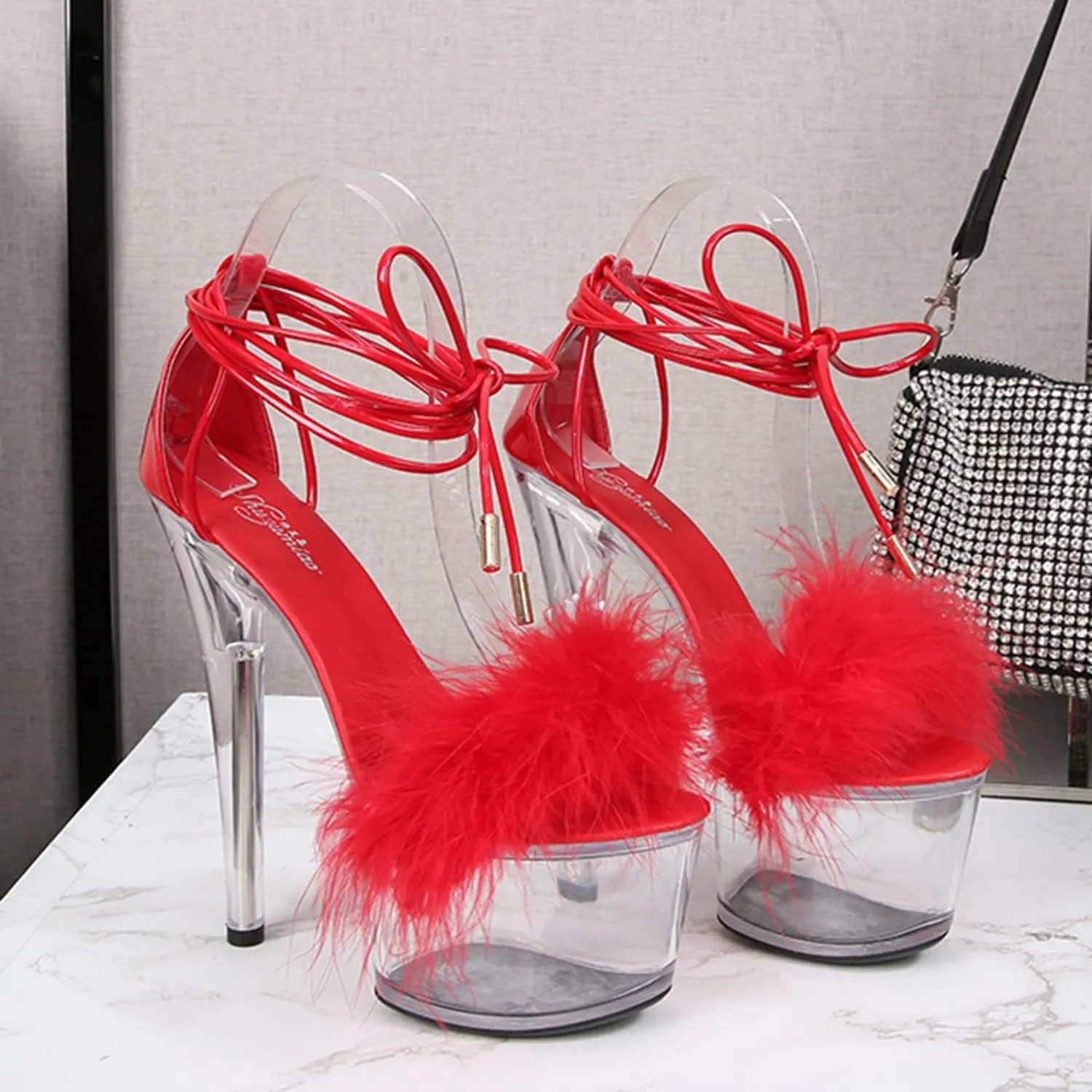 WOilERQ Women's Crystal Clear Platform Heeled Sandals Fluffy Heels Stiletto high Heels Lace up Cross Straps Open Toe Dress Shoes for Prom Dressing Party Stripper 20cm/7.8inch