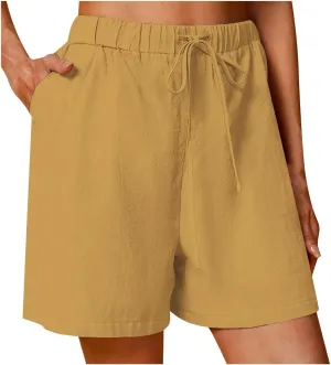 Women Cotton Linen Beach Shorts Drawstring Elastic High Waisted Shorts Casual Summer Shorts Comfy Vacation Clothes