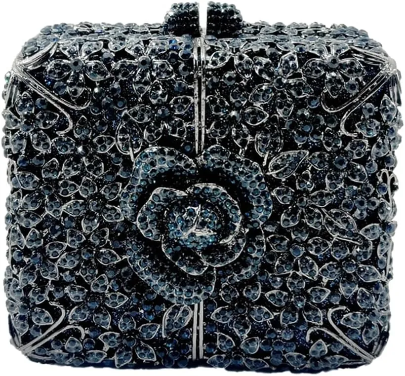 Women Delicate Crystal Evening Bag Floral Rhinestone Clutch Purse Square Box Handbag for Evening Gown Dance Dressy