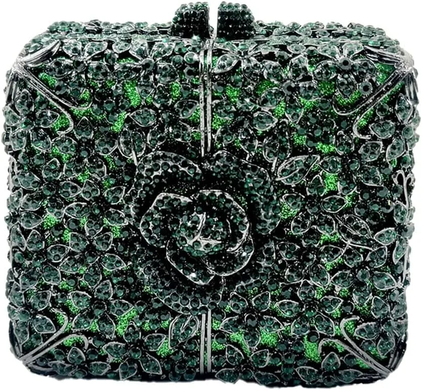 Women Delicate Crystal Evening Bag Floral Rhinestone Clutch Purse Square Box Handbag for Evening Gown Dance Dressy